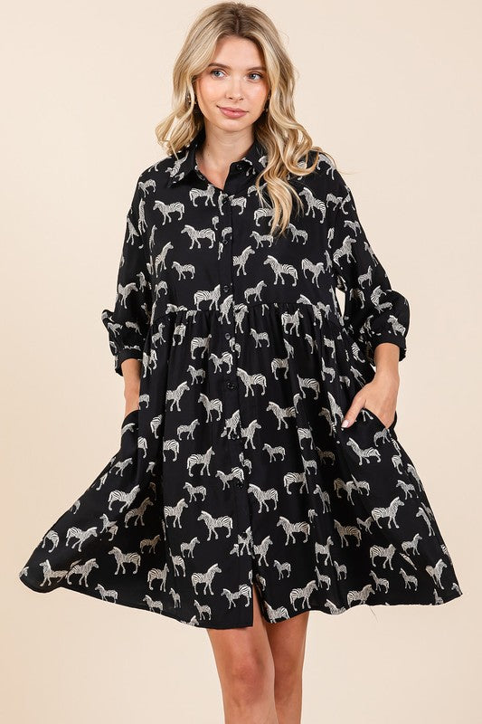 Zebra Print Button Down Shirt Mini Dress – Bold and Fashion-Forward Zebra Print Dress with Casual Button-Down Design