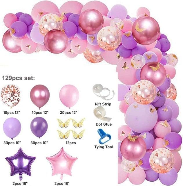 1 Set Pink Purple Chrome Rose Gold Balloon Garland With Butterfly Stickers Arch Kit For Birthday Wedding Party Decorations