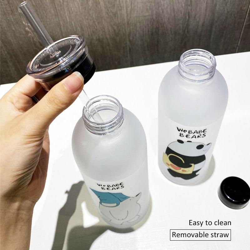 1000ml Water Bottles Cute Panda Bear Cup With Straw Transparent Cartoon Water Bottle Drinkware Frosted Cup Leak-proof Plastic Straw Cartoon Frosted Leak Proof Panda Bear Pattern Transparent Water Cup Sports Drink Water Bottle