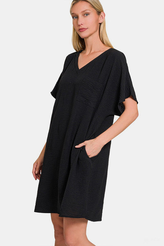 V-Neck Tee Dress with Pockets For Women – V-Neck Casual Dress, Tee Dress with Pockets, Comfortable V-Neck Dress, Pocketed Tee Dress, Casual Chic Dress, Easygoing V-Neck Dress