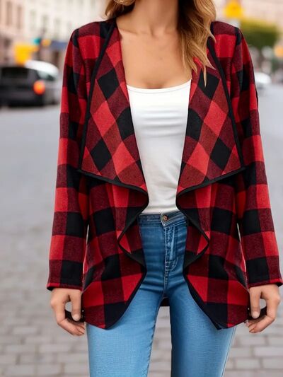 Elegant Plaid Open Front Long Sleeve Jacket Stylish & Cozy Lightweight Breathable Outerwear