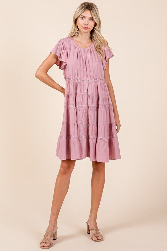 Lace Detail Ruffled Button Down Tiered Dress For Women – Romantic, Fluttering, Delicate, Feminine & Elegant Design