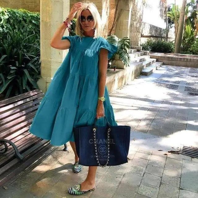 Women Retro Loose Casual Round Neck Short Sleeve Dress - Cute Fashion Dresses For Women