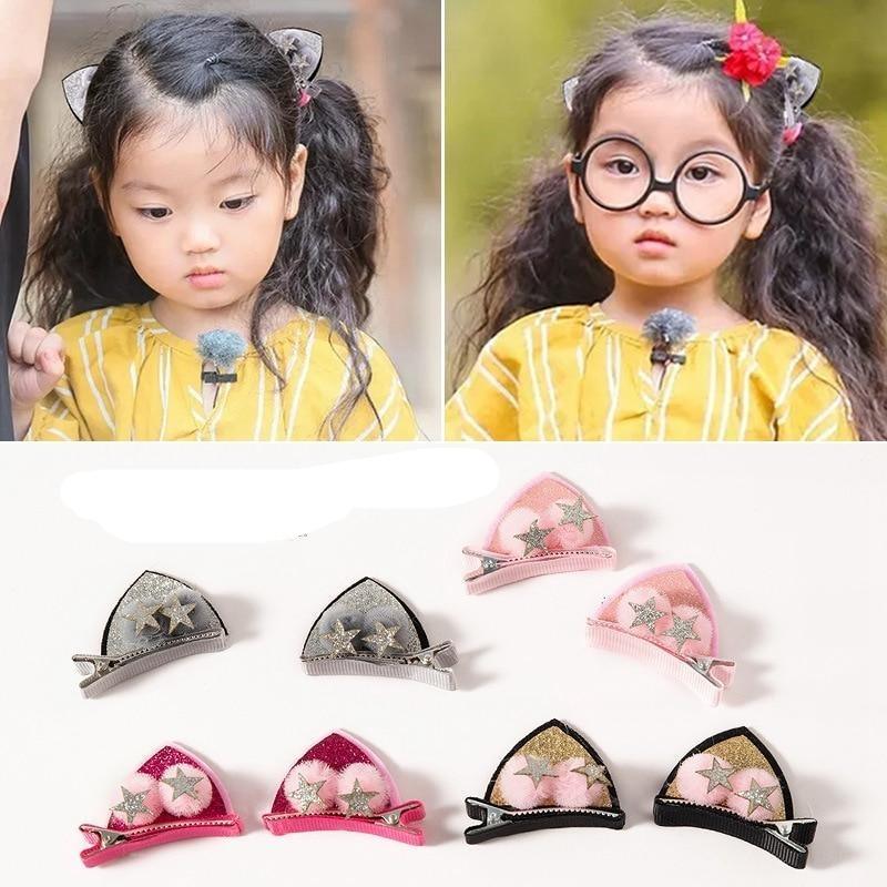 2pcs/Set Cute Hair Clips For Girls Glitter Rainbow Felt Fabric Flowers Hairpins Cat Ears Bunny Barrettes Kids Hair Accessories for Halloween Parties Cosplay for Girls
