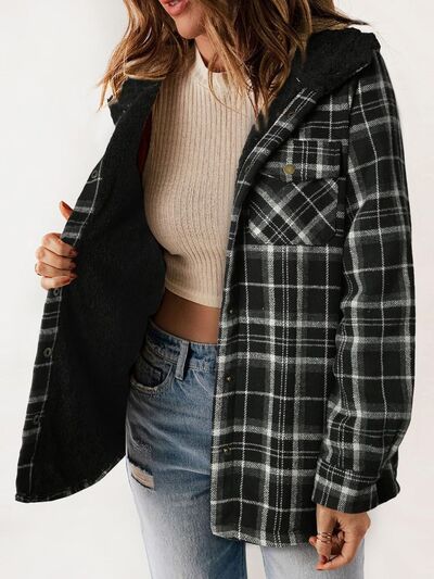 Plaid Snap Down Plush Hooded Jacket Soft & Warm Women Outerwear Cozy And Comfortable Jacket
