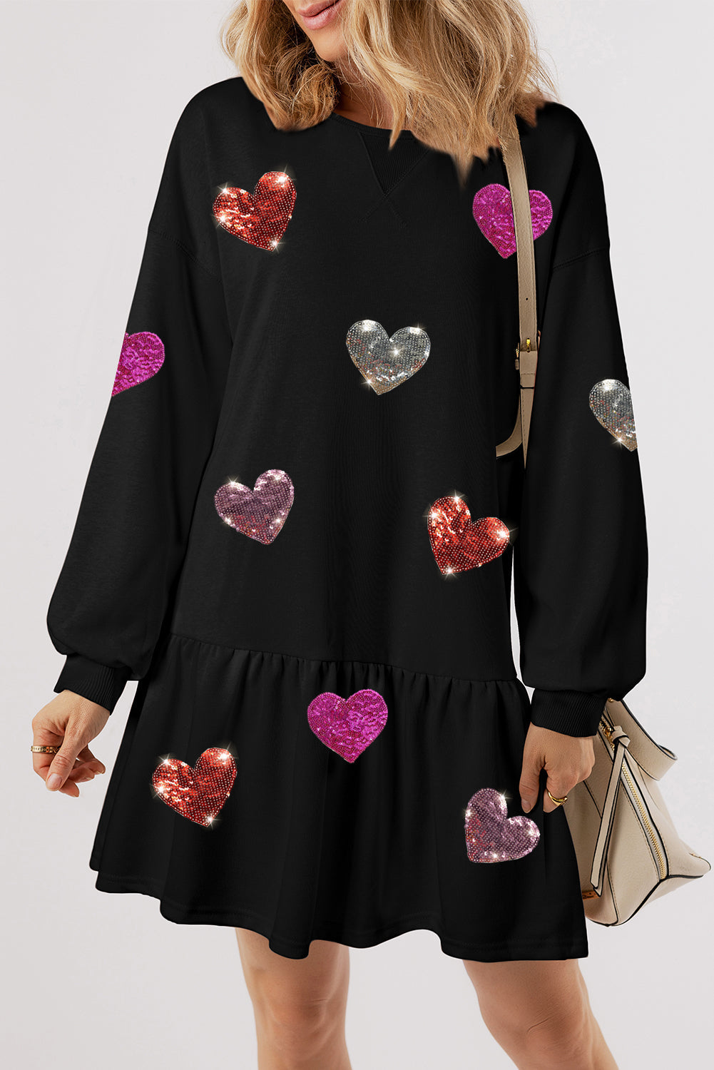 Cute Heart Round Neck Long Sleeve Mini Dress Stylish Dress for Women Girls Simple Charming Dress