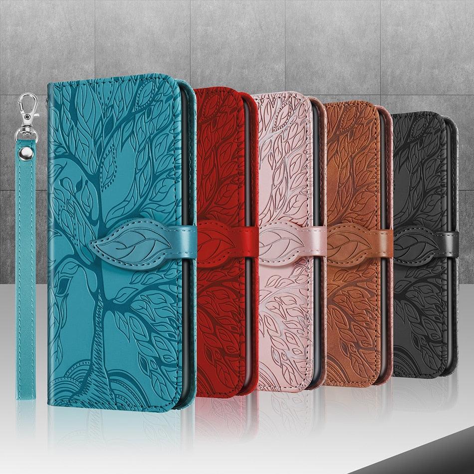 3D Tree Flip Leather Case For iPhone 13 12 Mini Phone Cover PU Leather Wallet Case with Card Holder Kickstand Wrist Strap Flip Cover for iPhone