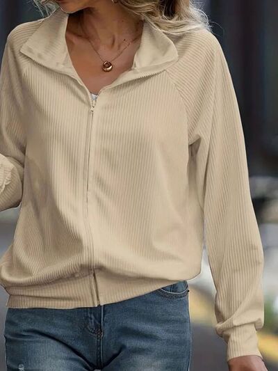 Simple White Zip Up Collared Neck Raglan Sleeve Jacket Comfortable Versatile Casual Women Wear