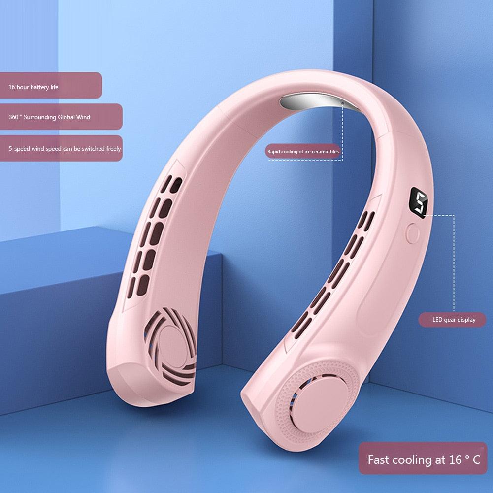 4000mAh Hanging Neck Fan USB Handheld Mute LED Digital Display Leafless Mini Electric Fan with LED Light 5 Gear Air Cooling Fans Digital Display Leafless Mini Electric Colorful Gear 5th Fan