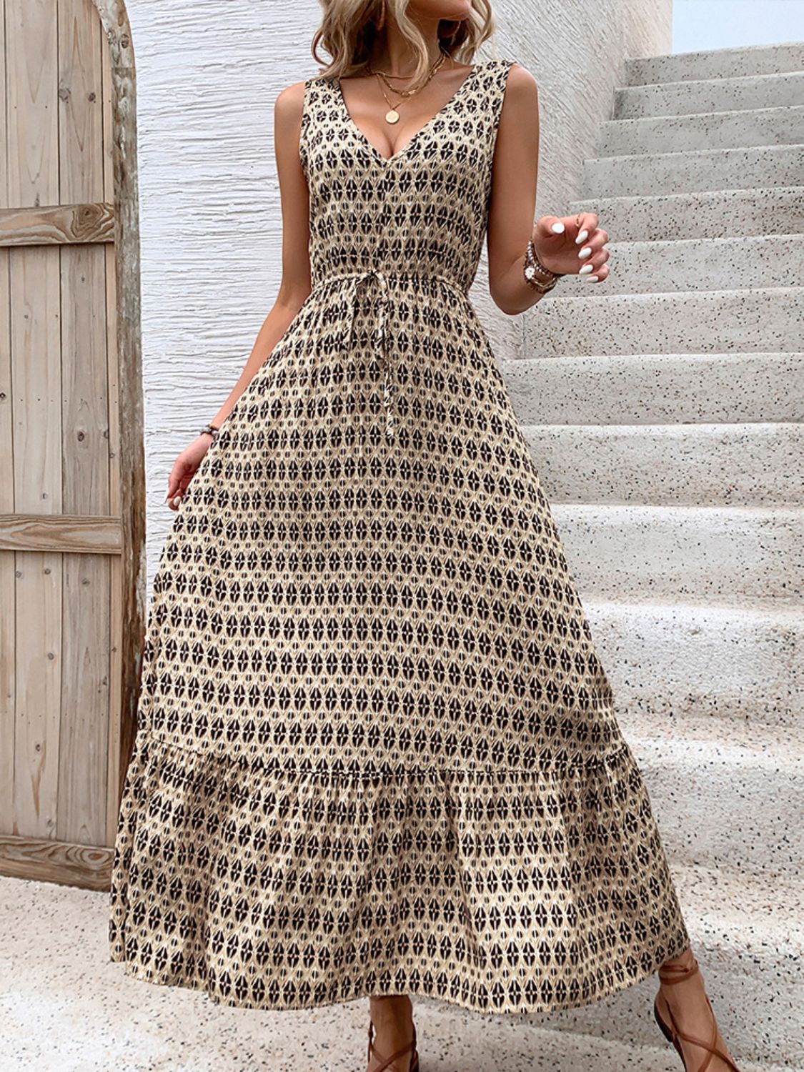 Vintage Printed V-Neck Tie Waist Midi Dress Lightweight Trendy & Elegant Dress for Women