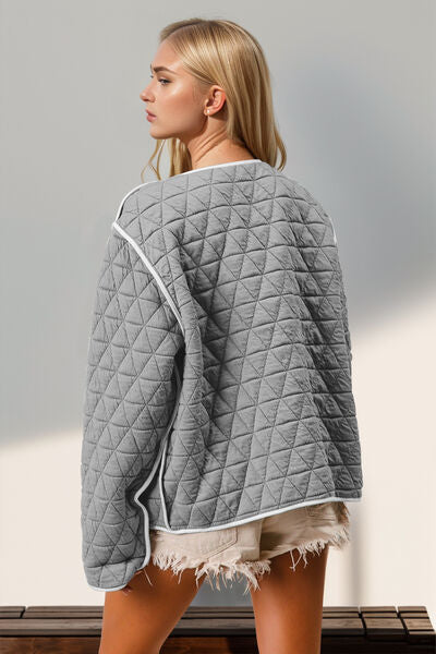 Charming Double Take Contrast Trim Tie Front Quilted Jacket with Pockets Elegant & Cozy Outerwear