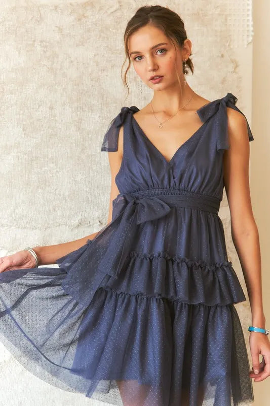 Tie Shoulder Polka Dot Mesh Dress For Women – Flirty Retro Polka Dot Elegant Dress with Adjustable Ties & Sheer Mesh Fabric For Special Occasions