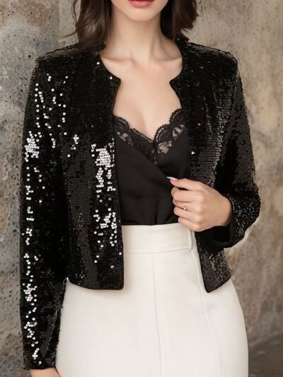 Elegant Women Full-Size Sequin Open Front Cropped Jacket With Glamorous Sparkle Luxury Women Party Jacket