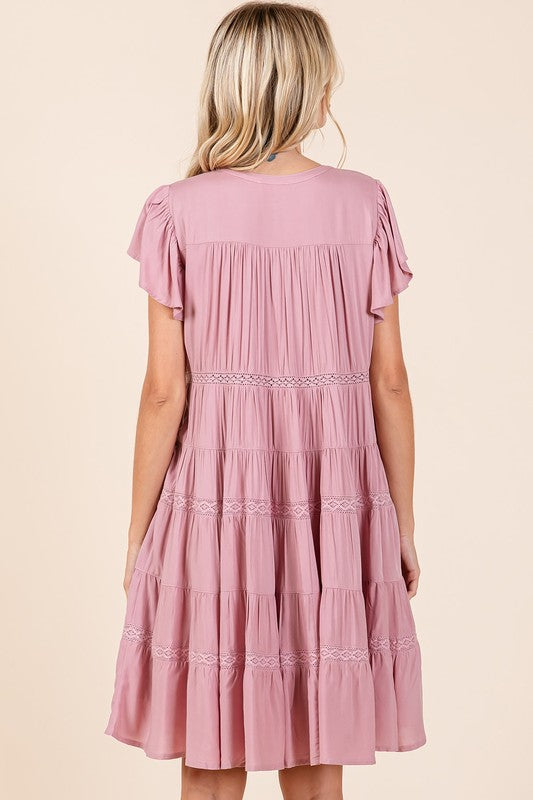 Lace Detail Ruffled Button Down Tiered Dress For Women – Romantic, Fluttering, Delicate, Feminine & Elegant Design