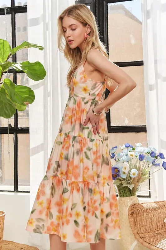 Smocked Back Floral Adjustable Strap Midi Dress For Women – Feminine, Floral, Fluttering, Comfortable Midi Dress