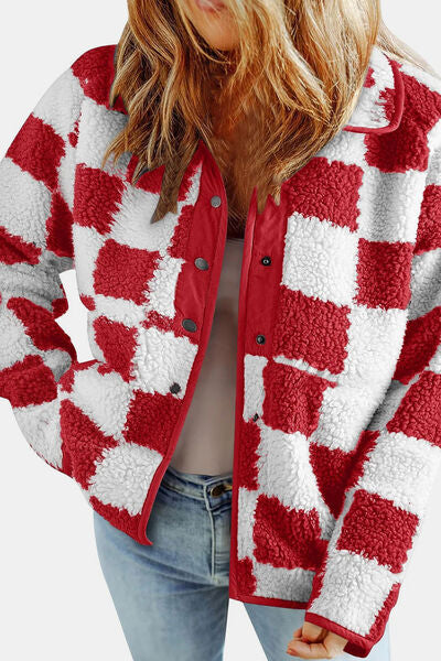 Elegant Checkered Snap Down Long Sleeve Teddy Jacket Soft & Warm Colorful Jacket