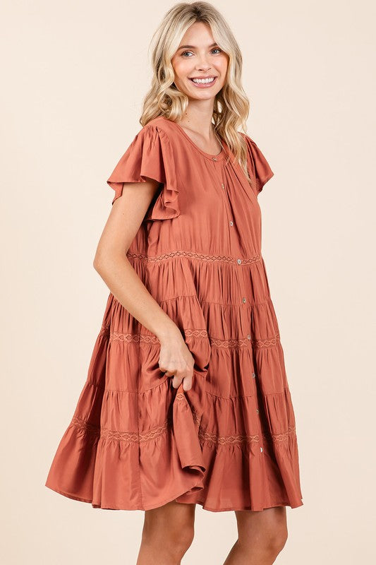 Lace Detail Ruffled Button Down Tiered Dress For Women – Romantic, Fluttering, Trendy, Elegant, Boho, Feminine & Whimsical Style