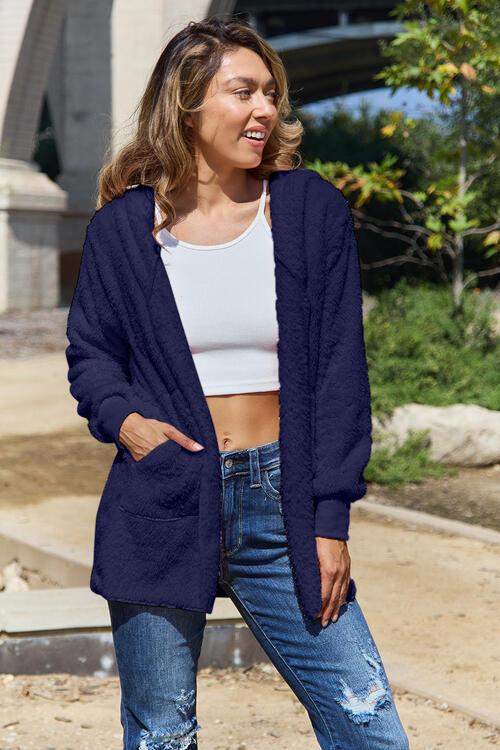 Women Full Size Teddy Hooded Jacket with Pockets Cozy Casual Jacket Comfortable Women Jacket
