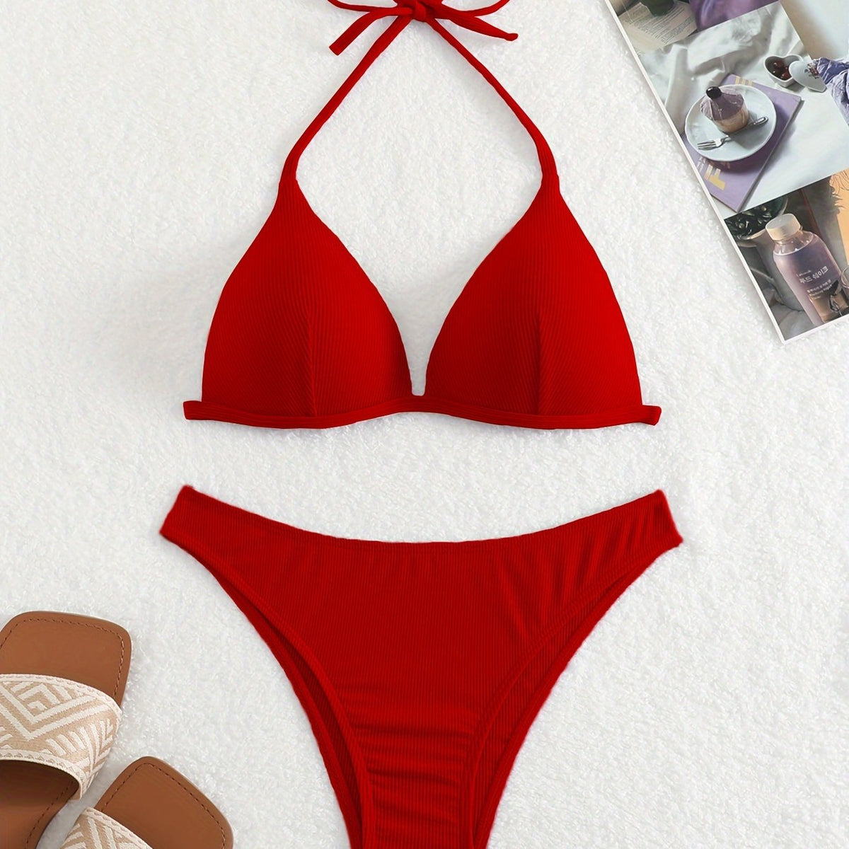 Bikini Rib Knit Solid Color Triangle 2 Piece Swimsuit for Women – Adjustable Tie Back Halter Bikini Set with Spaghetti Straps – High Stretch Polyester Swimwear for Summer Beachwear Poolside Relaxation and Tropical Vacation