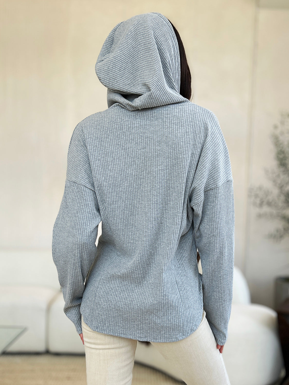 Culture Code Full Size Ribbed Zip Up Drawstring Hooded Jacket Women Trendy Jacket With Adjustable Hood For Women