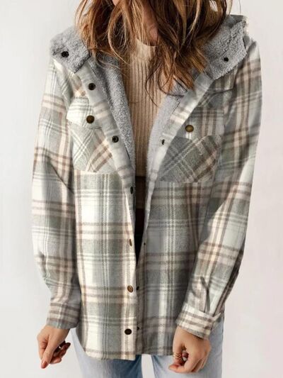 Plaid Snap Down Plush Hooded Jacket Soft & Warm Women Outerwear Cozy And Comfortable Jacket