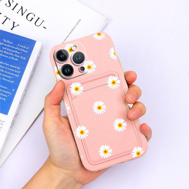Charming Silicone Soft Anti-Scratch Cases For iPhone 13 Pro Max Case Silicone Wallet Card Holder Cover For iPhone 13 Mini 13ProMax 13Pro Flower Butterfly Beautiful Design Card Holder iPhone Case