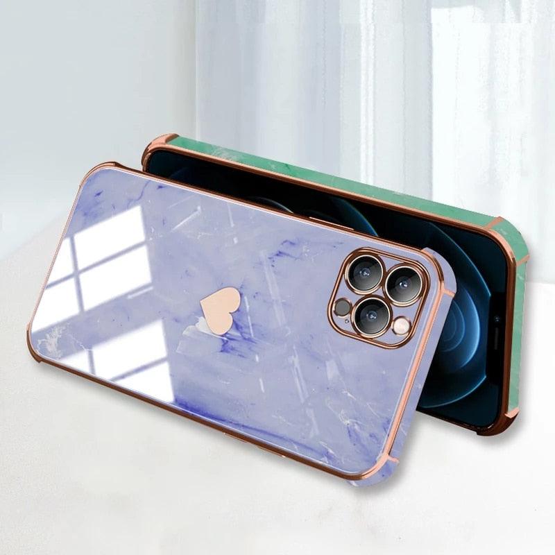 Luxury Shockproof Soft Case For iPhone 13 12 11 Pro Max XS XR X R 8 7 Plus iPhone12 12Pro iPhone11 Marble Texture Covers Luxury Love Phone Case Cute Side Small Heart Pattern Soft Shockproof Full Lens Case for iPhone