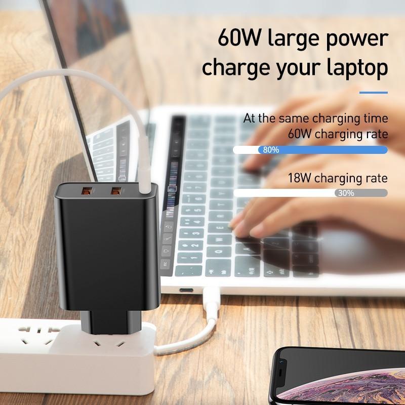 3 Ports USB Fast Charger 60W Support Quick Charge Type-C PD Charger QC 4.0 3.0 Phone Charger