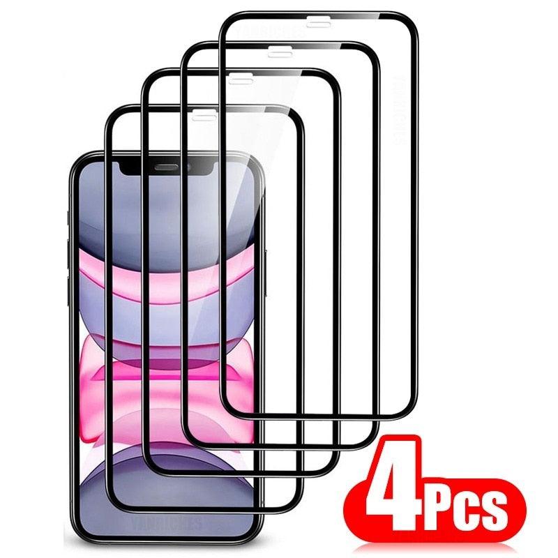 4PCS Full Cover Protective Glass For iPhone 13 12 11 Pro Max Screen Protector For iPhone 6 7 8 Plus X XR Xs SE 2020 Mini Glass Full Glue Big Curved Edge Flexible Tempered Glass for iPhone