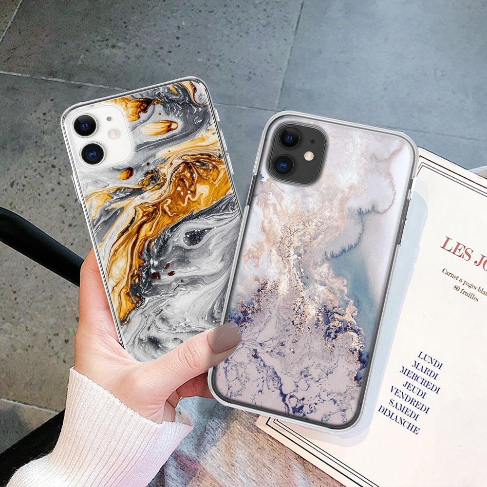 Fashion Marble Pattern Phone Case For iPhone 13 12 11 Pro Max 7 8 6 6S Plus X XR XS Max 12Mini 5 5S SE Cute Soft TPU Cover Full Body Protection with Raised Bezel