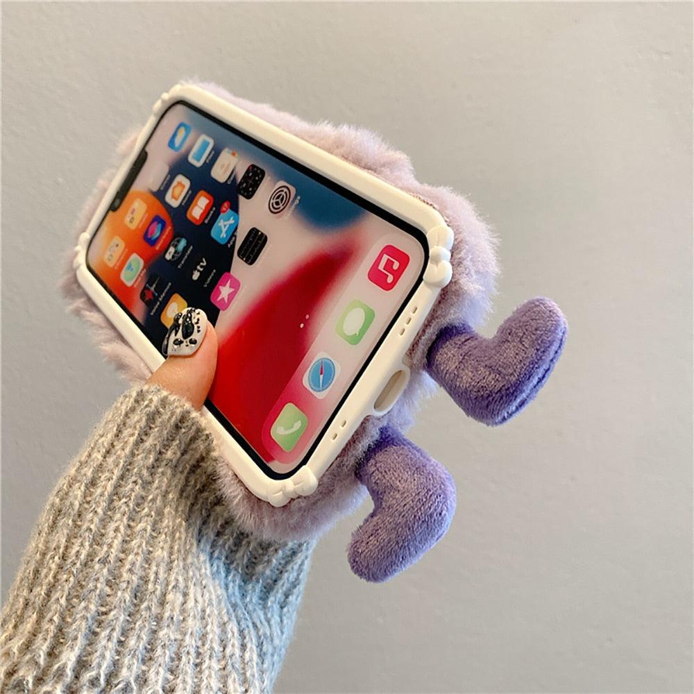 3D Cute Hairy Fluffy Fur Plush Winter Warm Phone Case For iPhone 14 13 12 11 Pro Max Plus Soft Cartoon Back Cover Cute Fuzzy Furry Case Fashion Luxury Case