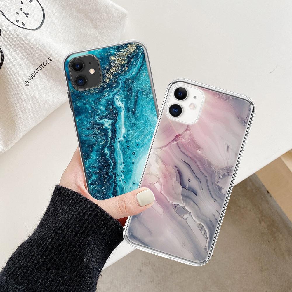 Fashion Marble Pattern Phone Case For iPhone 13 12 11 Pro Max 7 8 6 6S Plus X XR XS Max 12Mini 5 5S SE Cute Soft TPU Cover Full Body Protection with Raised Bezel