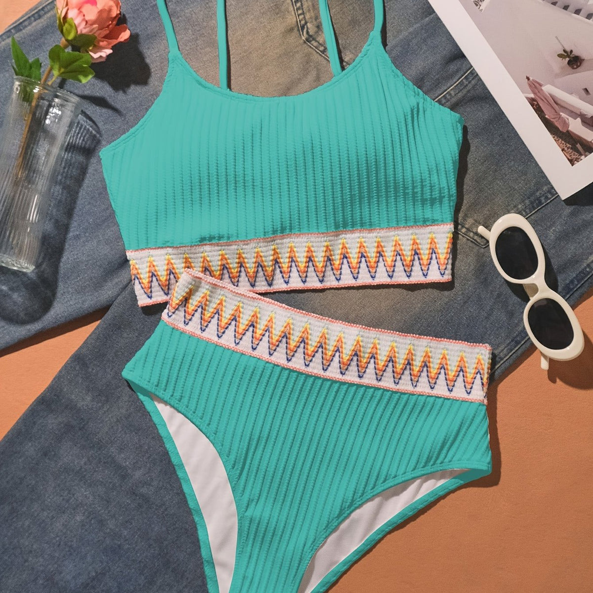 Bikini Scoop Neck High Waist 2 Piece Swimsuit for Women – Chic Solid Color Bikini Set with Contrast Band Detail – Stretchy Comfortable Flattering Swimwear for Beach Pool and Summer Vacation