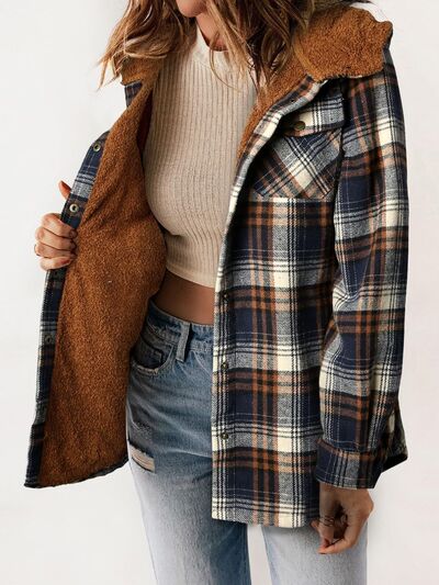 Plaid Snap Down Plush Hooded Jacket Soft & Warm Women Outerwear Cozy And Comfortable Jacket