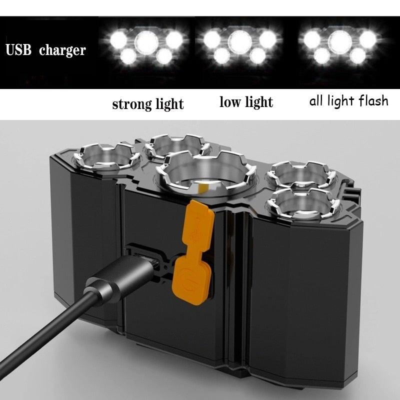 Adjustable USB Rechargeable Torch Lamp Built-in Battery 5 Led Strong Headlight Waterproof Rechargeable Super Bright Head-Mounted Flashlight For Outdoor Night Camping