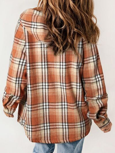 Plaid Snap Down Plush Hooded Jacket Soft & Warm Women Outerwear Cozy And Comfortable Jacket