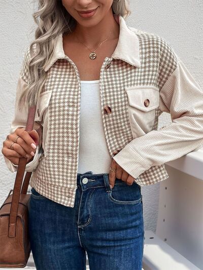 Women's Houndstooth Button-Up Long Sleeve Jacket – Chic & Pocketed Lightweight Outerwear