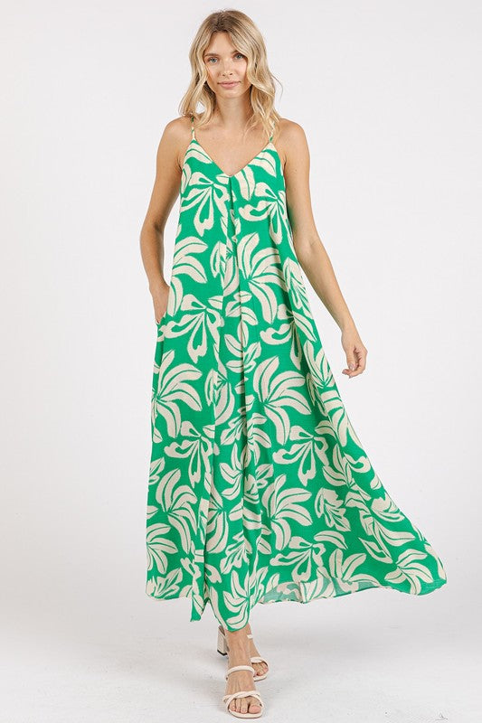 Printed V-Neck Maxi Cami Summer Dress with Pockets – Fluttering, Effortlessly Chic Maxi Dress with Ruched Detail and Convenient Pockets