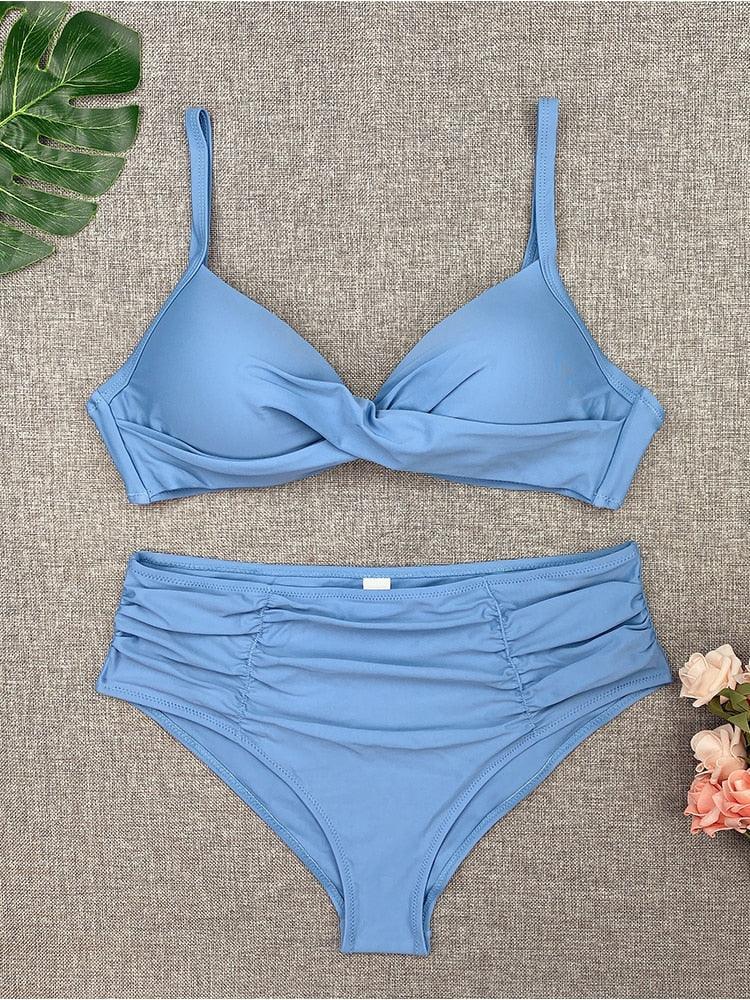 Bikini Sets Solid Color Swimsuit Mid-Waist Gather Cup Bikinis Women Swimwear Female Bathing Suits Beach wear Two Piece Swimsuits Triangle Bikini swimsuits for Women