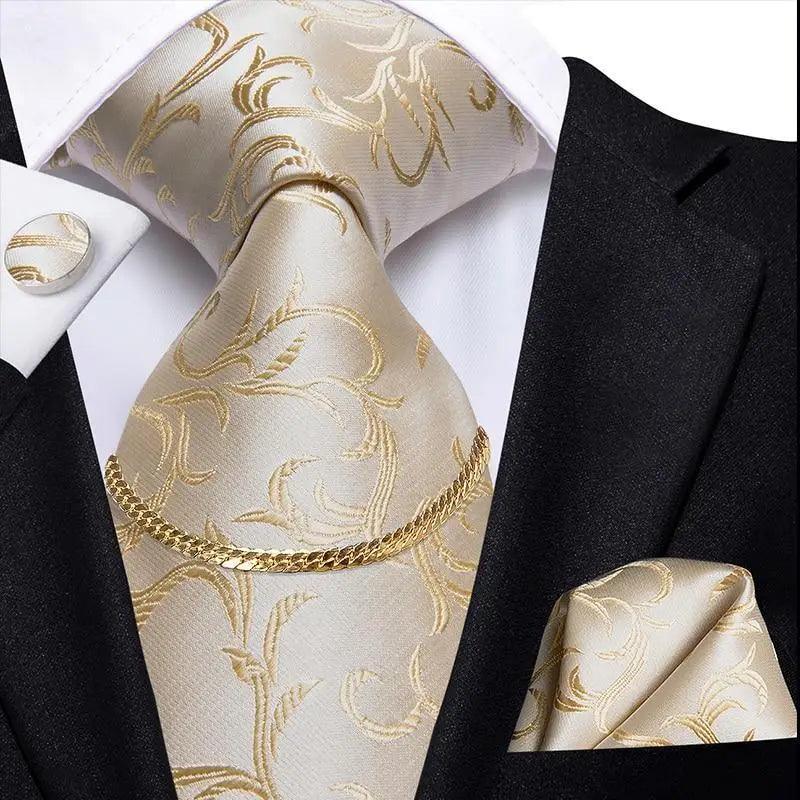 Business Black Silk Necktie Chain Classic Tie Square Handkerchief Elegant Cufflink Wedding Formal Neckties For Men