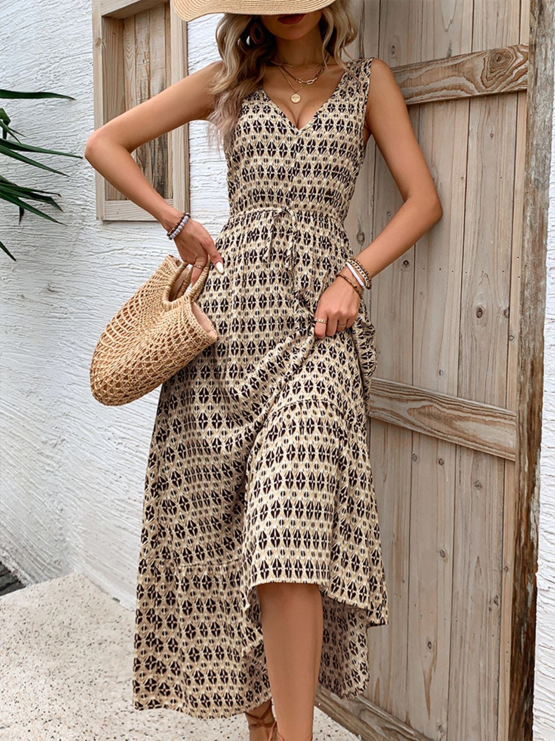 Vintage Printed V-Neck Tie Waist Midi Dress Lightweight Trendy & Elegant Dress for Women