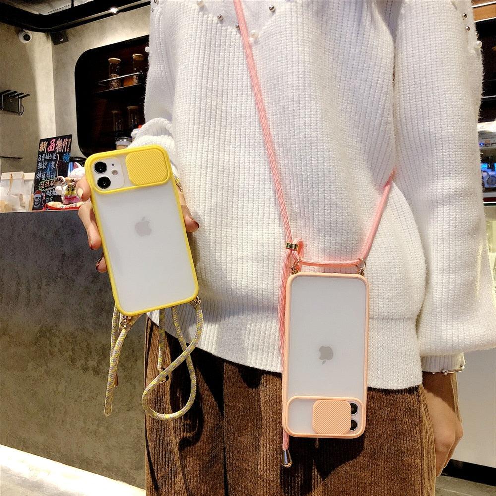 Camera Lens Protection Candy Color Phone Case For iPhone 14 13 12 11 Pro Necklace With Long Rope Lanyard Cover Camera Lens Protector Translucent Soft Edges Colorful Transparent iphone Cover