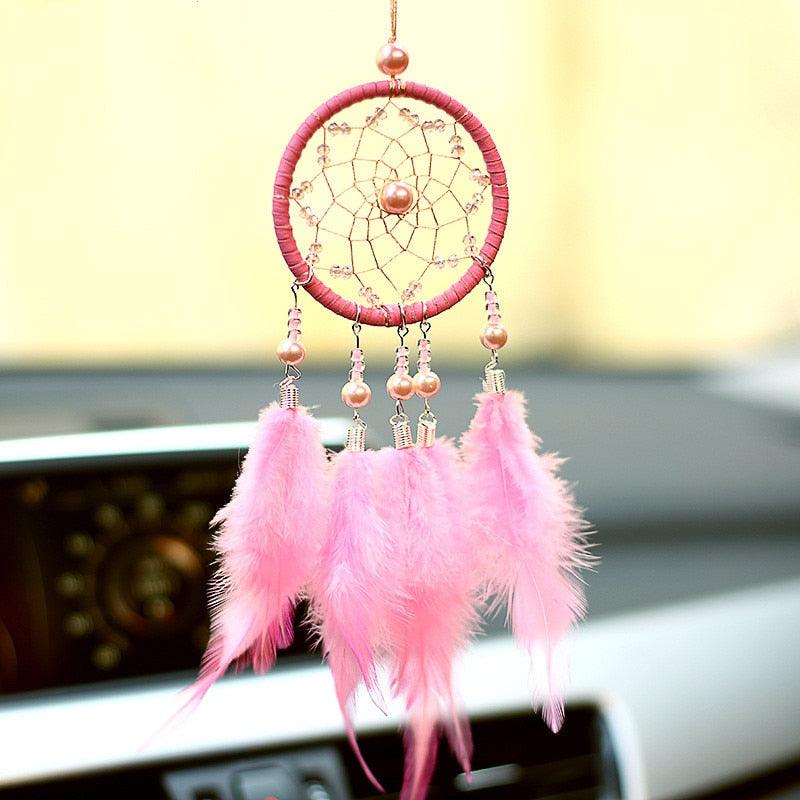 Car Interior Rear-view Mirror Hanging Decor Small Dream Catcher Boho Nature Feather Home Decor Handmade Grids Nature Feather Car Charms Pendant Accessories Gift