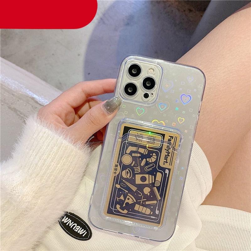 Clear Holographic Love Heart Pattern Cute Case with Card Holder Love Gradient Transparent Soft Case For iPhone 14 13 11 12 Pro Max Mini X XS XR 7 8 Plus Wallet Card Holder Cover