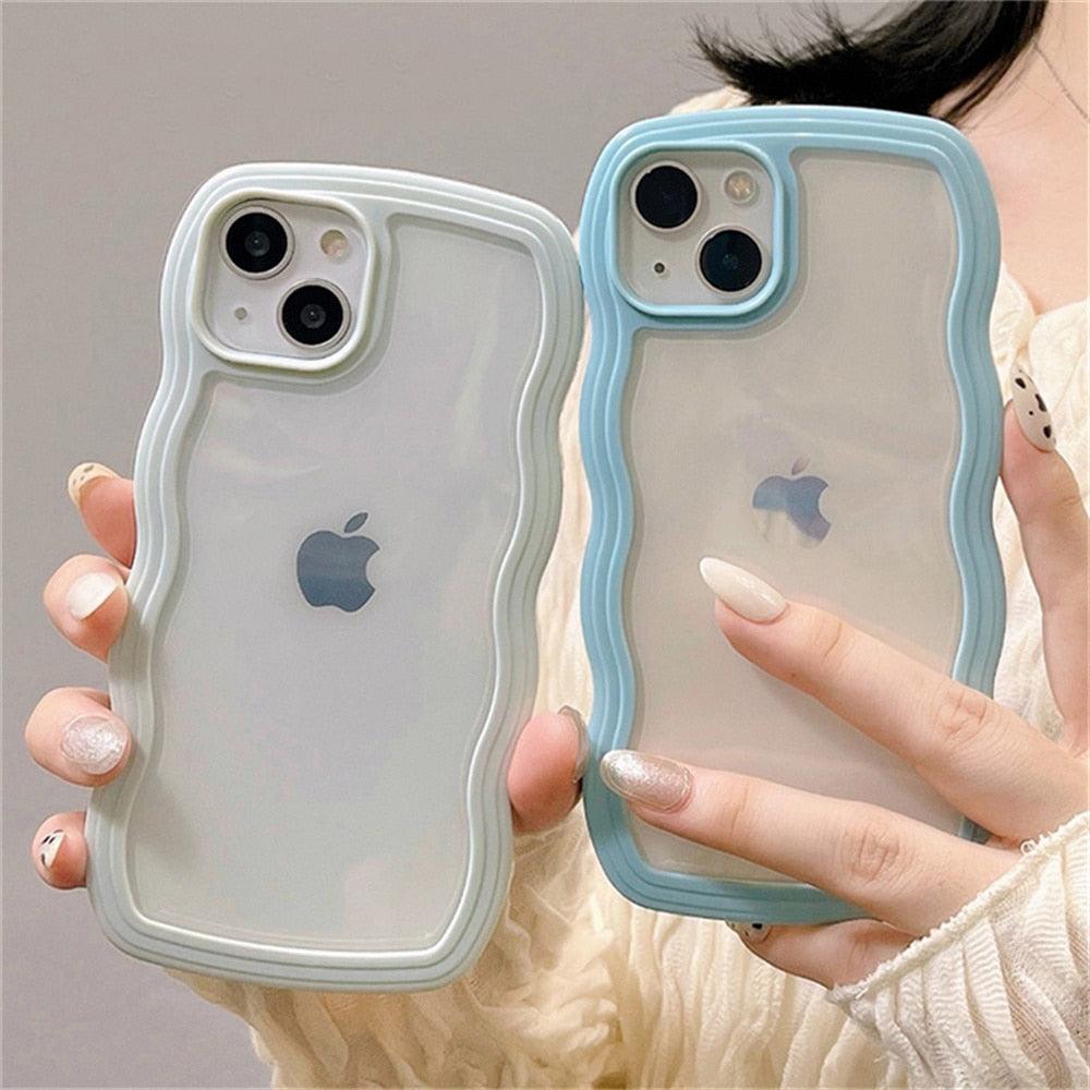 Cute Transparent Curly Wave Phone Case For iPhone 14Pro 13 12 11 Pro Max X XR XS Max Candy Color Shockproof Clear Hard Cover Shockproof Popular Wavy Stylish Phone Case