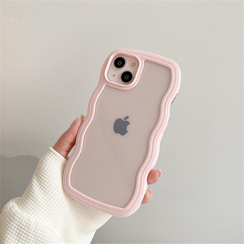 Cute Transparent Curly Wave Phone Case For iPhone 14Pro 13 12 11 Pro Max X XR XS Max Candy Color Shockproof Clear Hard Cover Shockproof Popular Wavy Stylish Phone Case