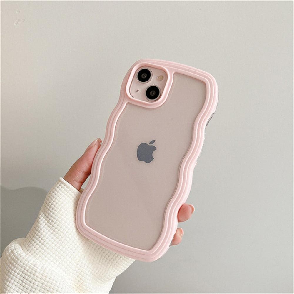 Cute Transparent Curly Wave Phone Case For iPhone 14Pro 13 12 11 Pro Max X XR XS Max Candy Color Shockproof Clear Hard Cover Shockproof Popular Wavy Stylish Phone Case