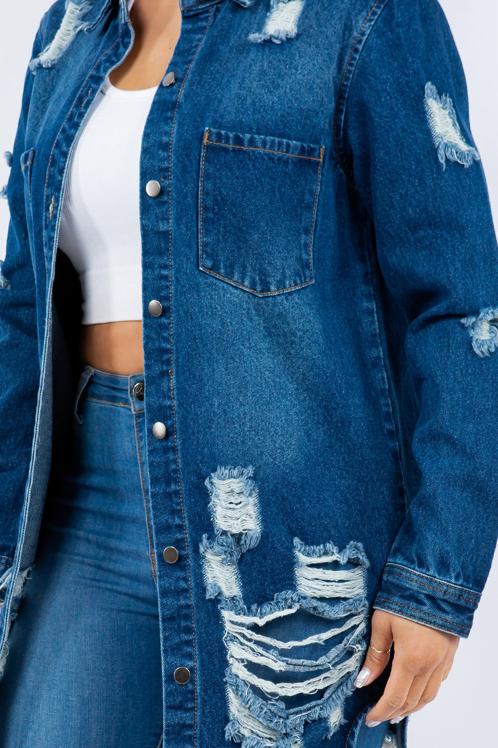 American Dark Blue Bazi Distressed Button Up Long Sleeve Jacket Trendy Buttoned Jacket with Distressed Finish for Women