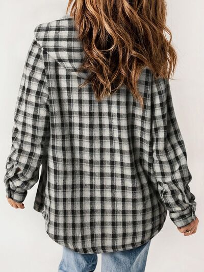 Plaid Snap Down Plush Hooded Jacket Soft & Warm Women Outerwear Cozy And Comfortable Jacket