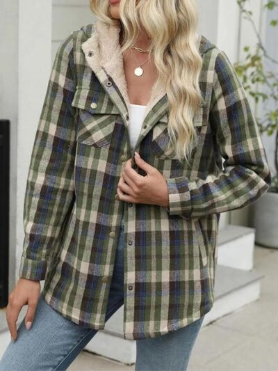 Plaid Snap Down Plush Hooded Jacket Soft & Warm Women Outerwear Cozy And Comfortable Jacket
